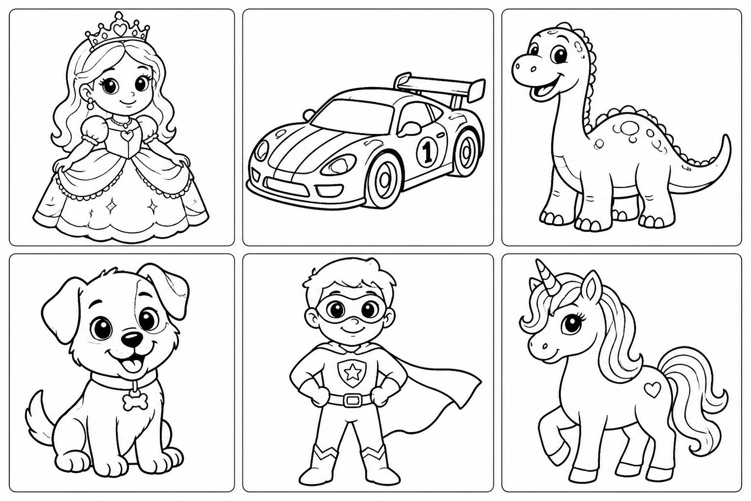 Prévia dos desenhos infantis: princesa, carro, dinossauro, cachorro, super-herói e unicórnio