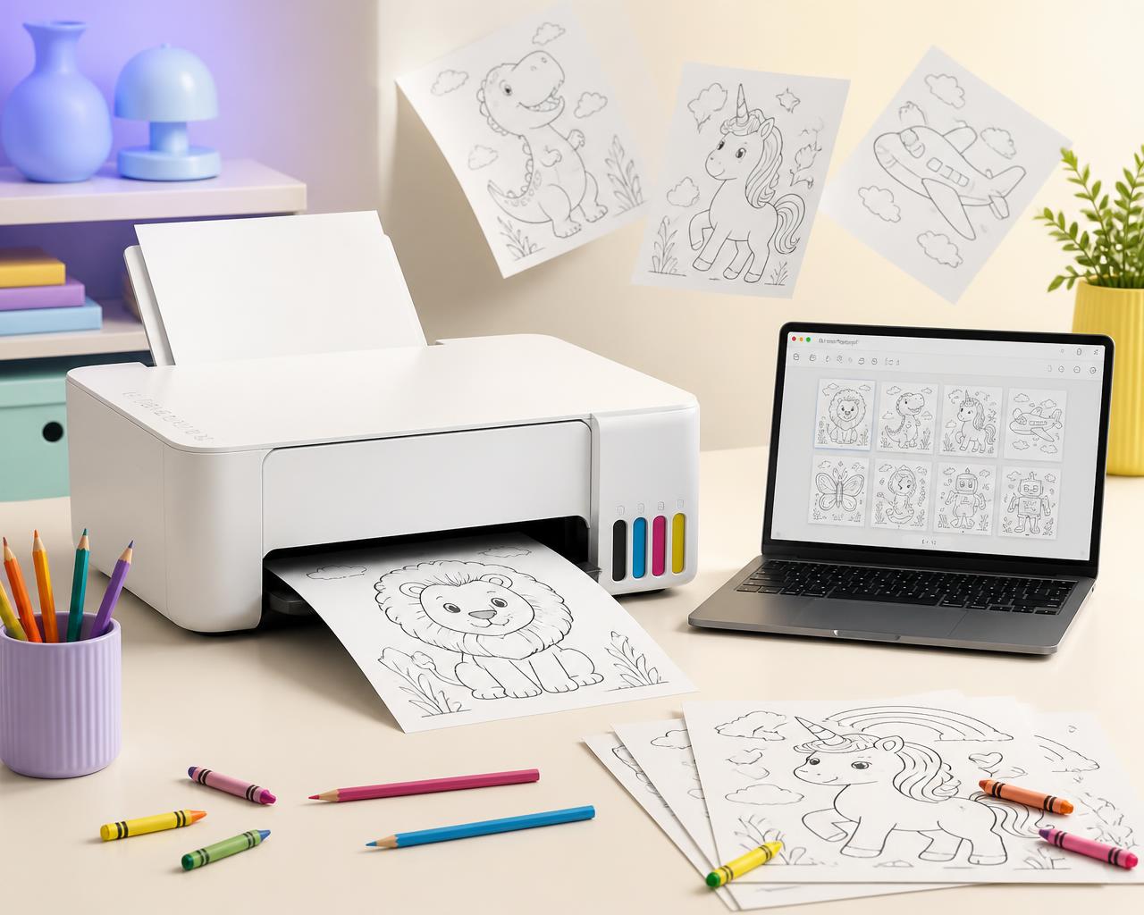 Impressora imprimindo desenhos infantis para colorir, com lápis de cor, folhas A4 e notebook mostrando o PDF