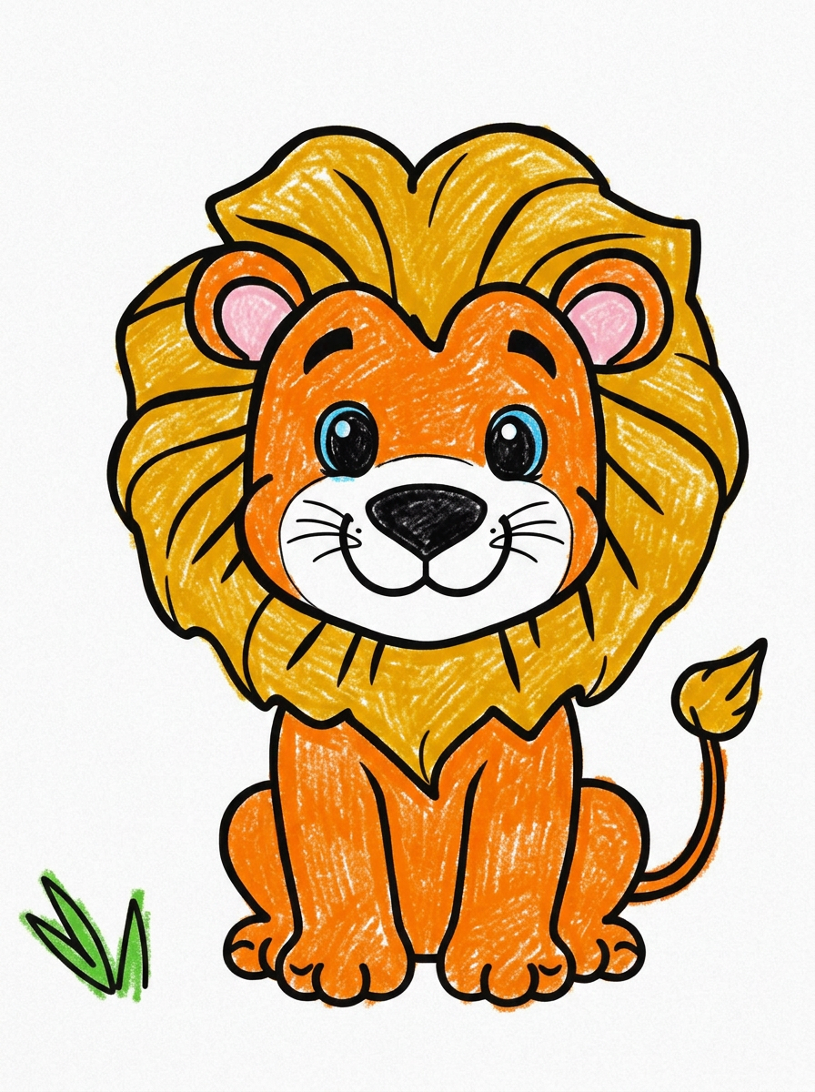 Desenho de leão colorido por uma criança